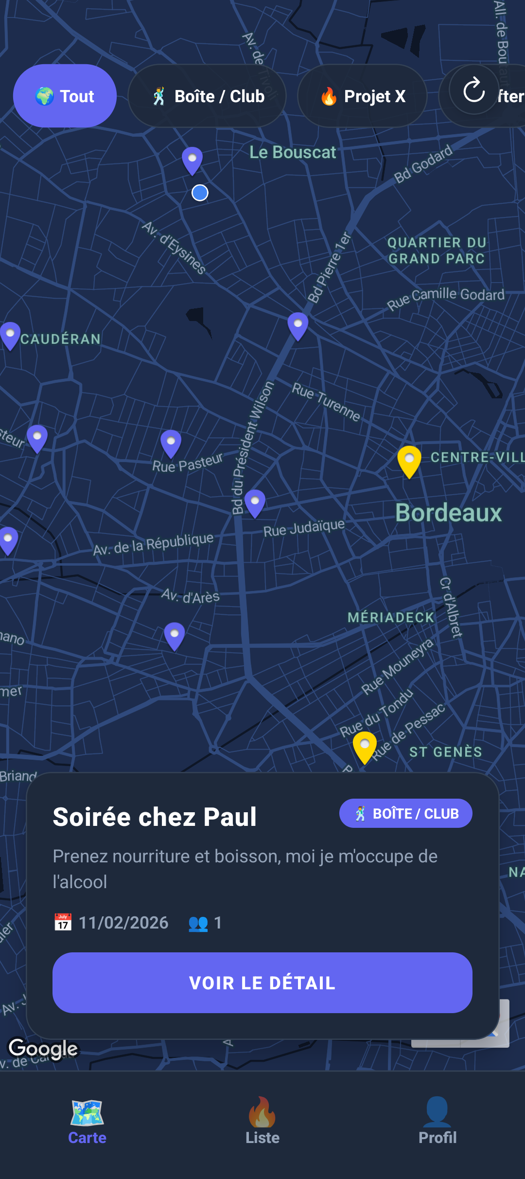 Interface de l'application Incruste - Radar de soirées